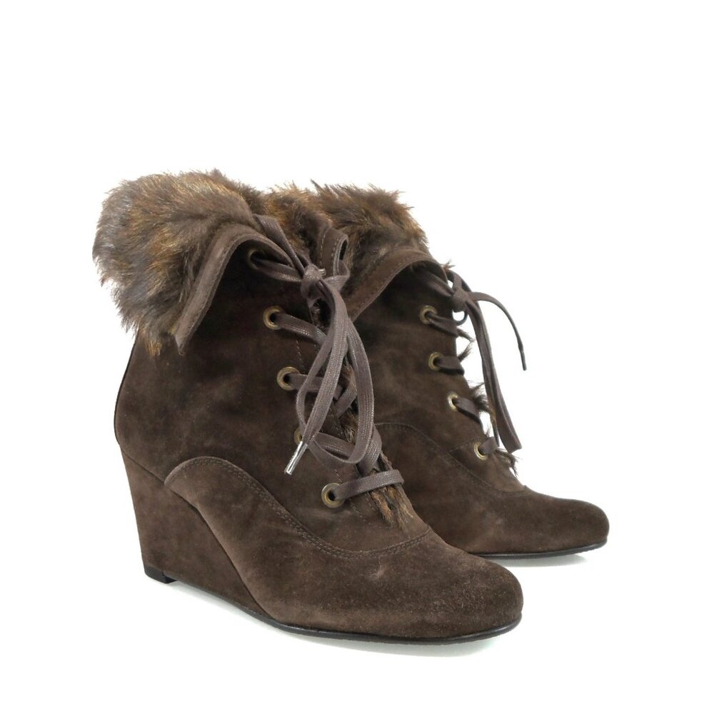 NIB$525 Stuart Weitzman Pilot Sheared Suede Fold Over Wedge Laced Ankle Boot 7.5